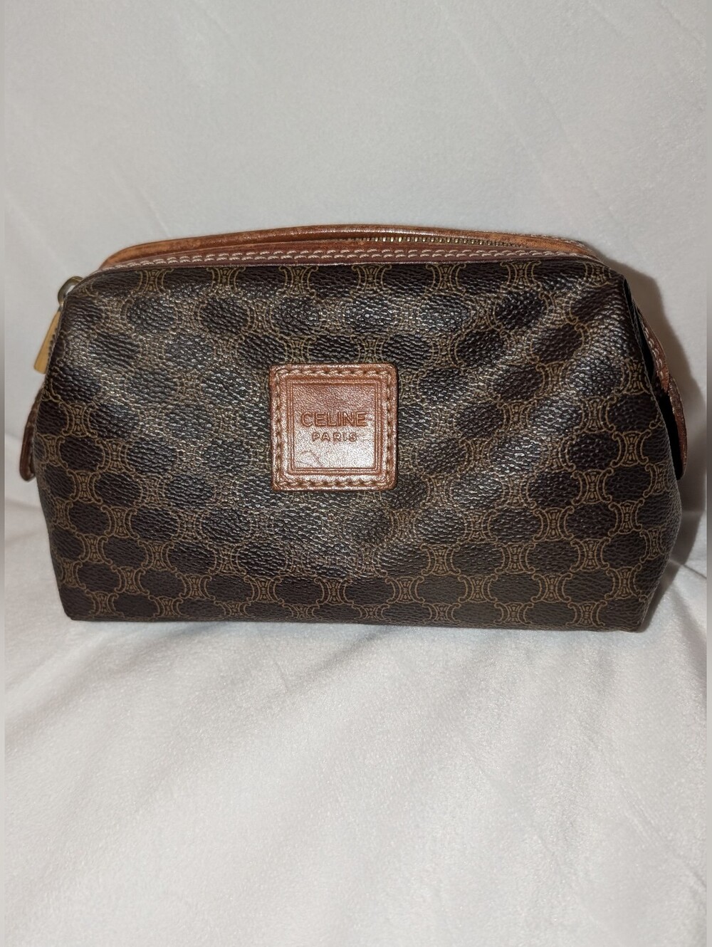 CELINE Triomphe Macadam Cosmetics Travel Bag Vintage Mad e In Italy Brown VGUC
